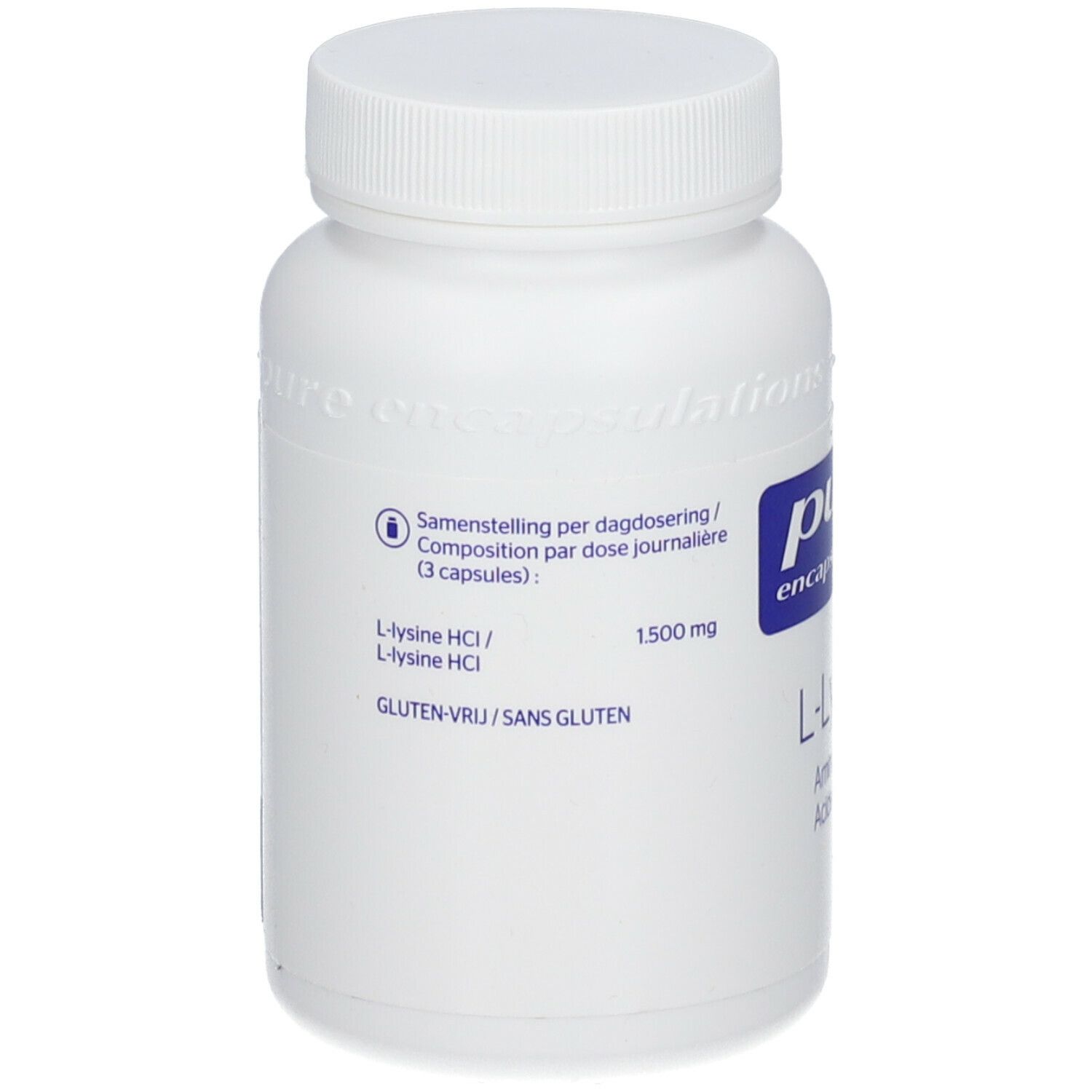 Witte fles. Opschrift: L-Lysine HCl, 1500 mg. Glutenvrij.