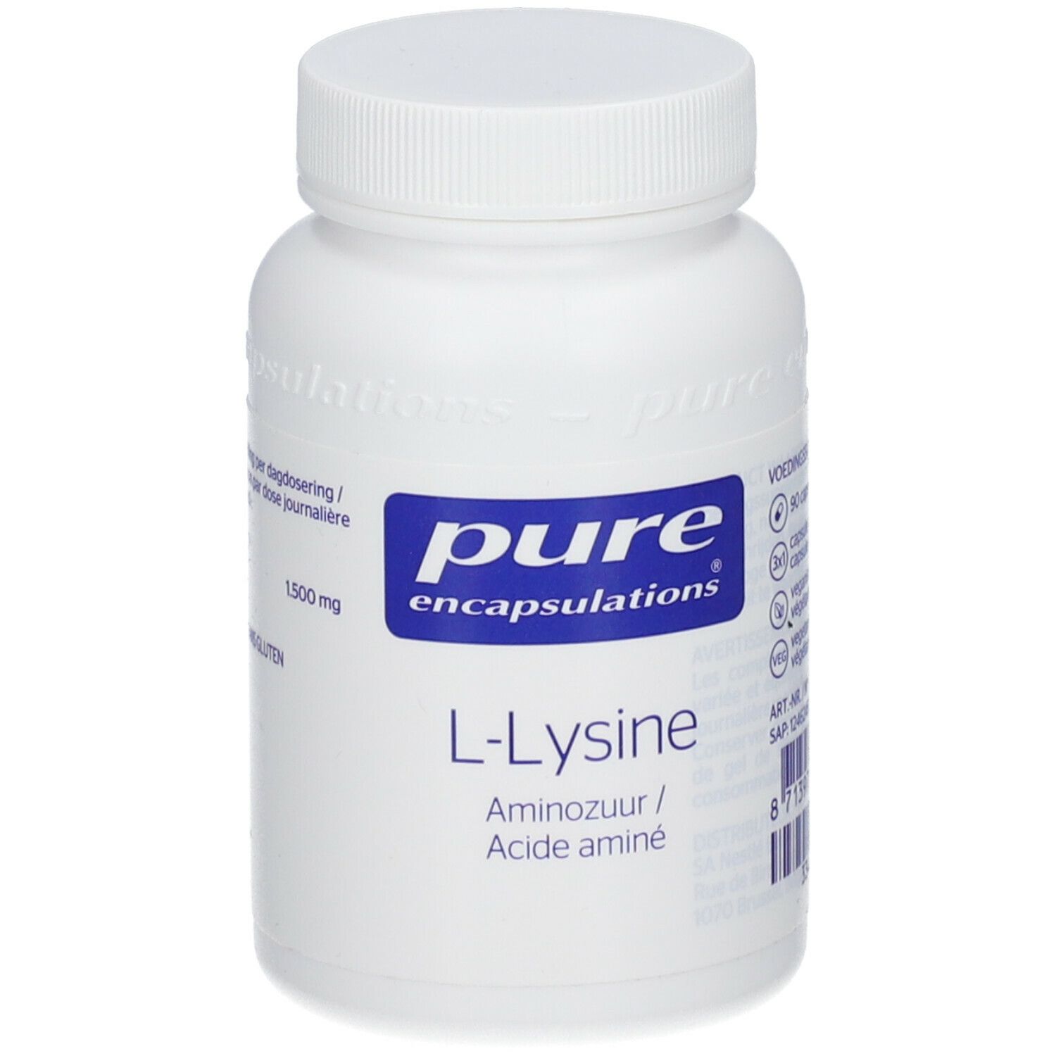 Witte fles met blauw etiket. Opschrift: pure encapsulations L-Lysine. Aminozuur.