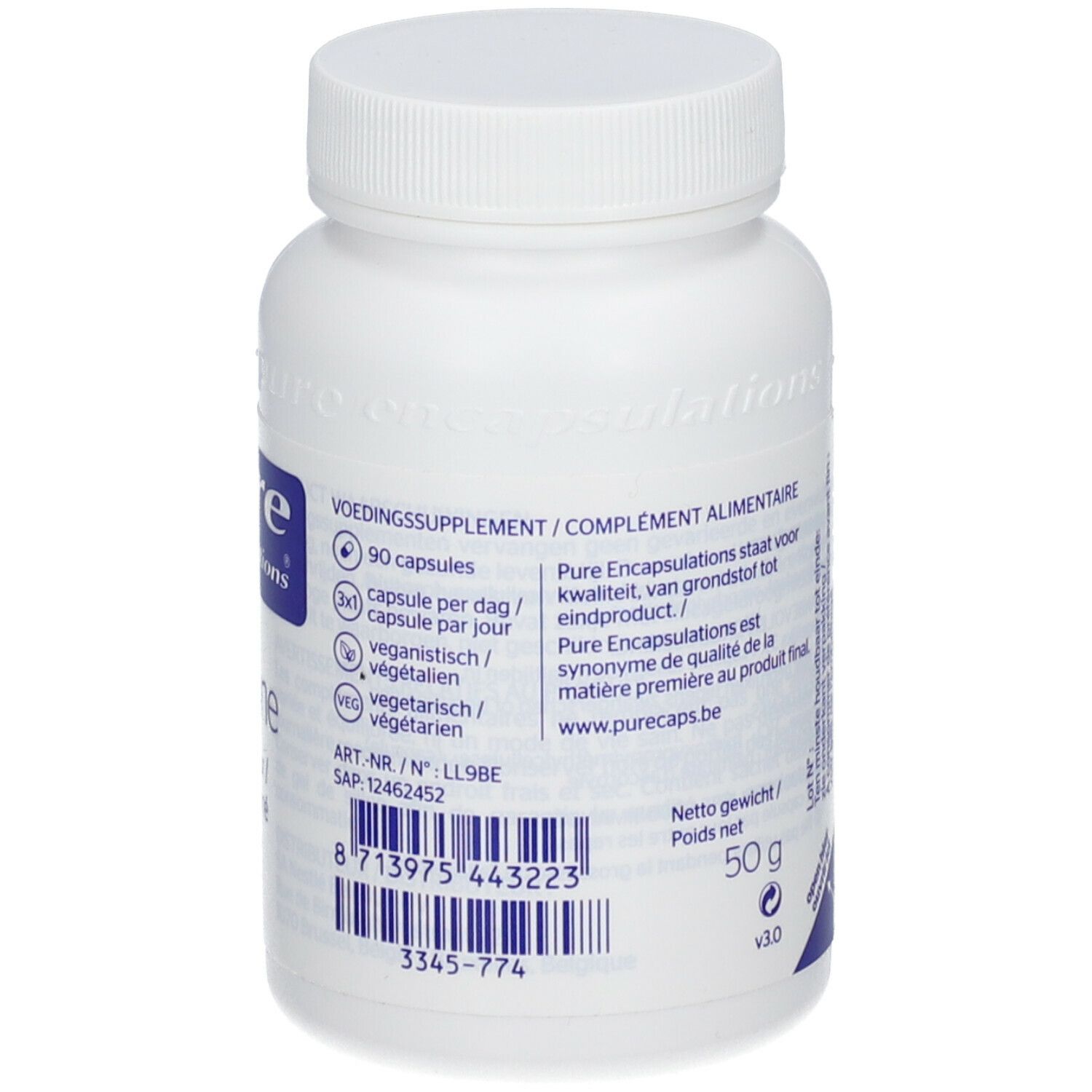 Witte fles. Opschrift: 90 capsules. 50 g. pure encapsulations. Glutenvrij.