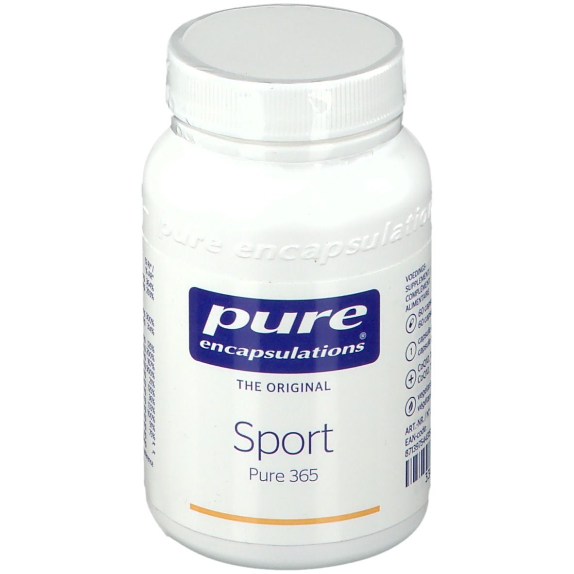 Weiße Flasche mit blauem Etikett. Aufschrift: pure encapsulations Sport Pure 365. Deckel oben.