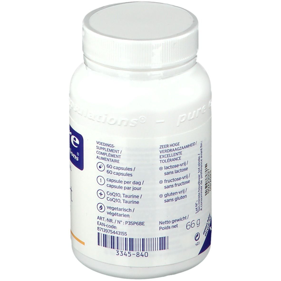 Rückseite der weißen Flasche. Aufschrift: Supplement, 60 Kapseln, CoQ10, Taurin, vegetarisch. EAN-Code.
