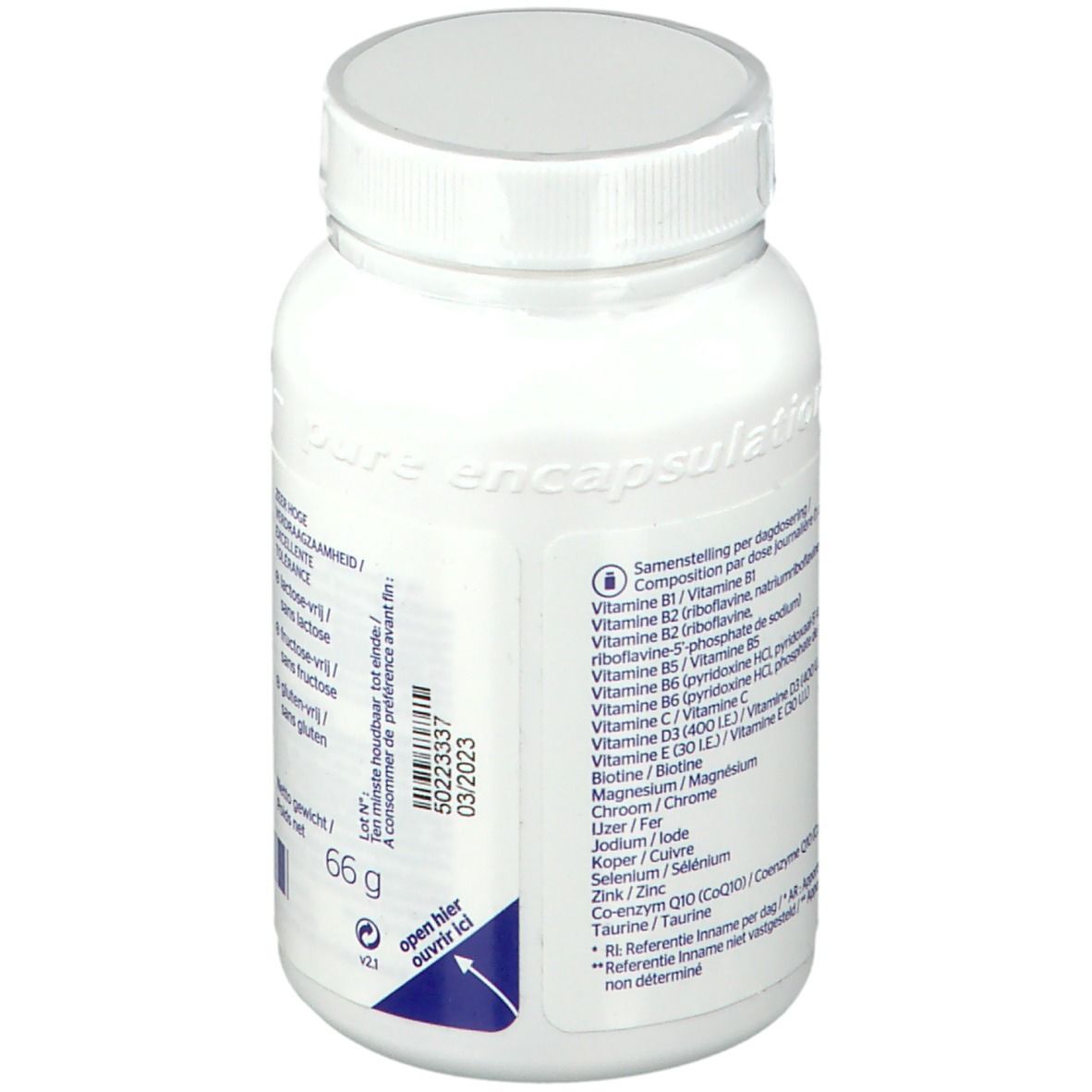 Rückseite der weißen Flasche. Aufschrift: Zusammensetzung pro Tagesdosis, Vitamine, Mineralien. Mindesthaltbarkeitsdatum.