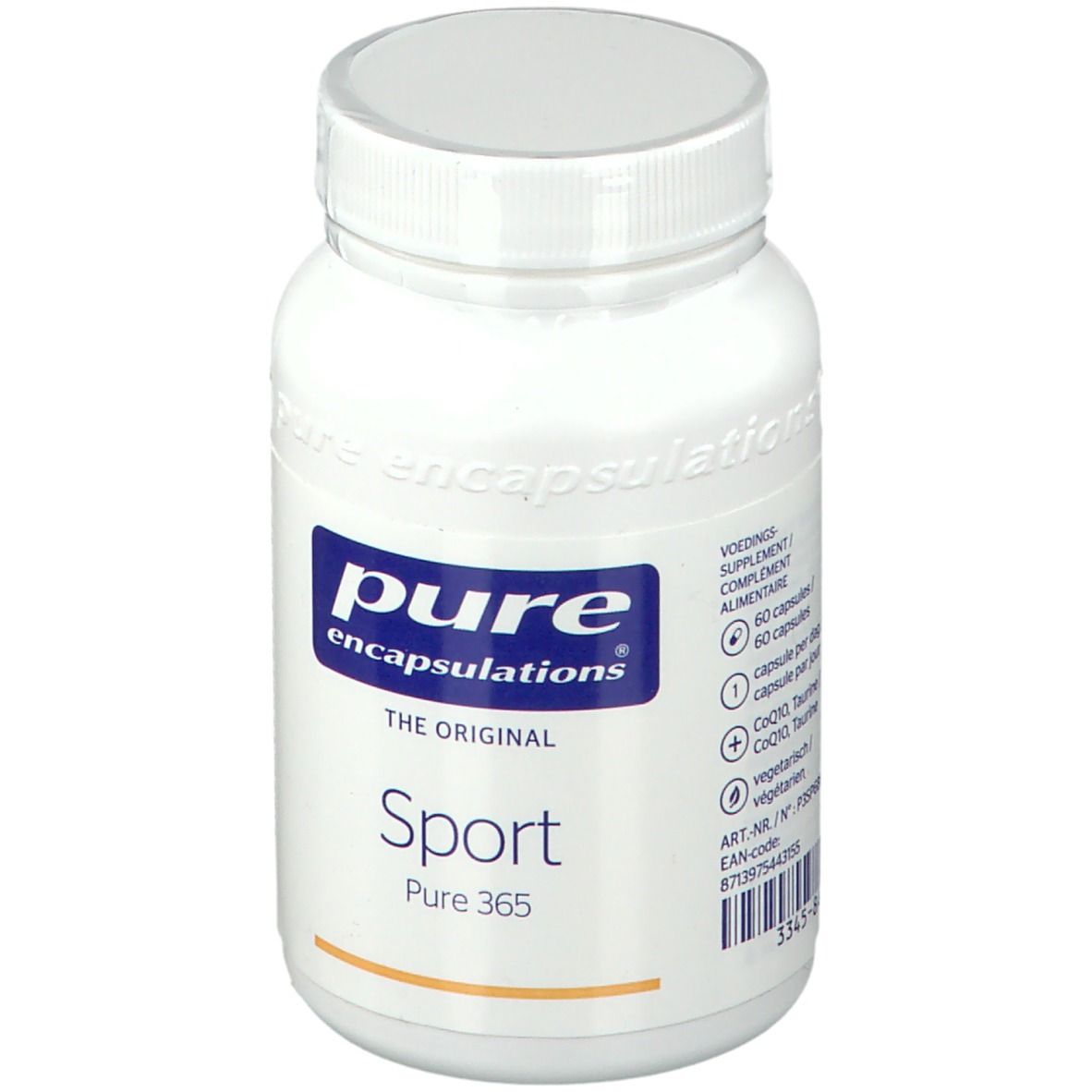 Weiße Flasche mit blauem Etikett. Aufschrift: pure encapsulations Sport Pure 365. Deckel oben.