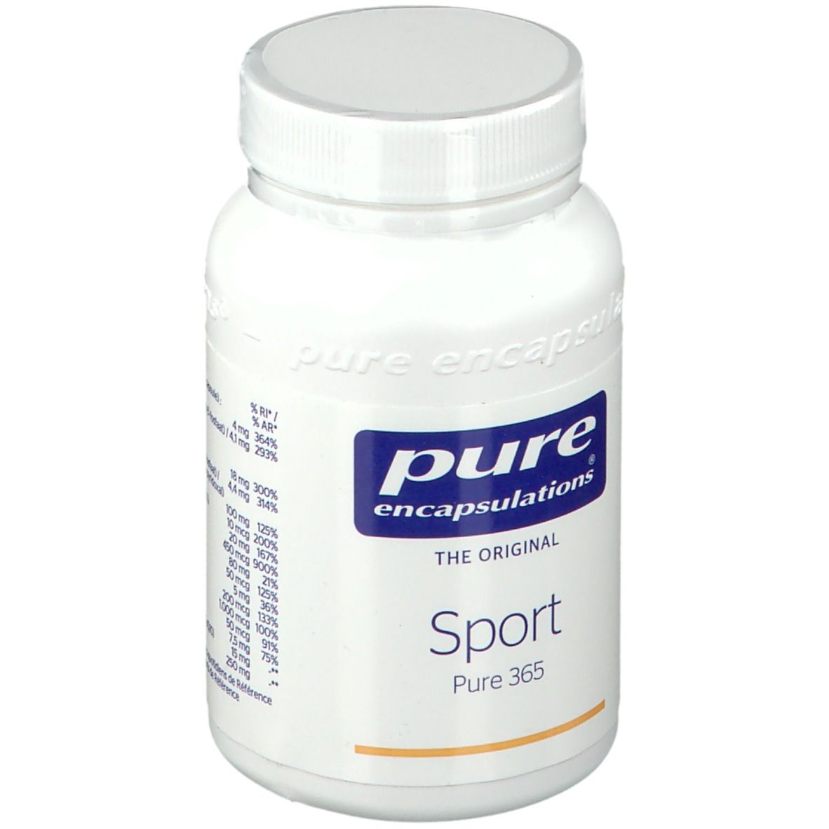 Weiße Flasche mit blauem Etikett. Aufschrift: pure encapsulations Sport Pure 365. Nährwertangaben.