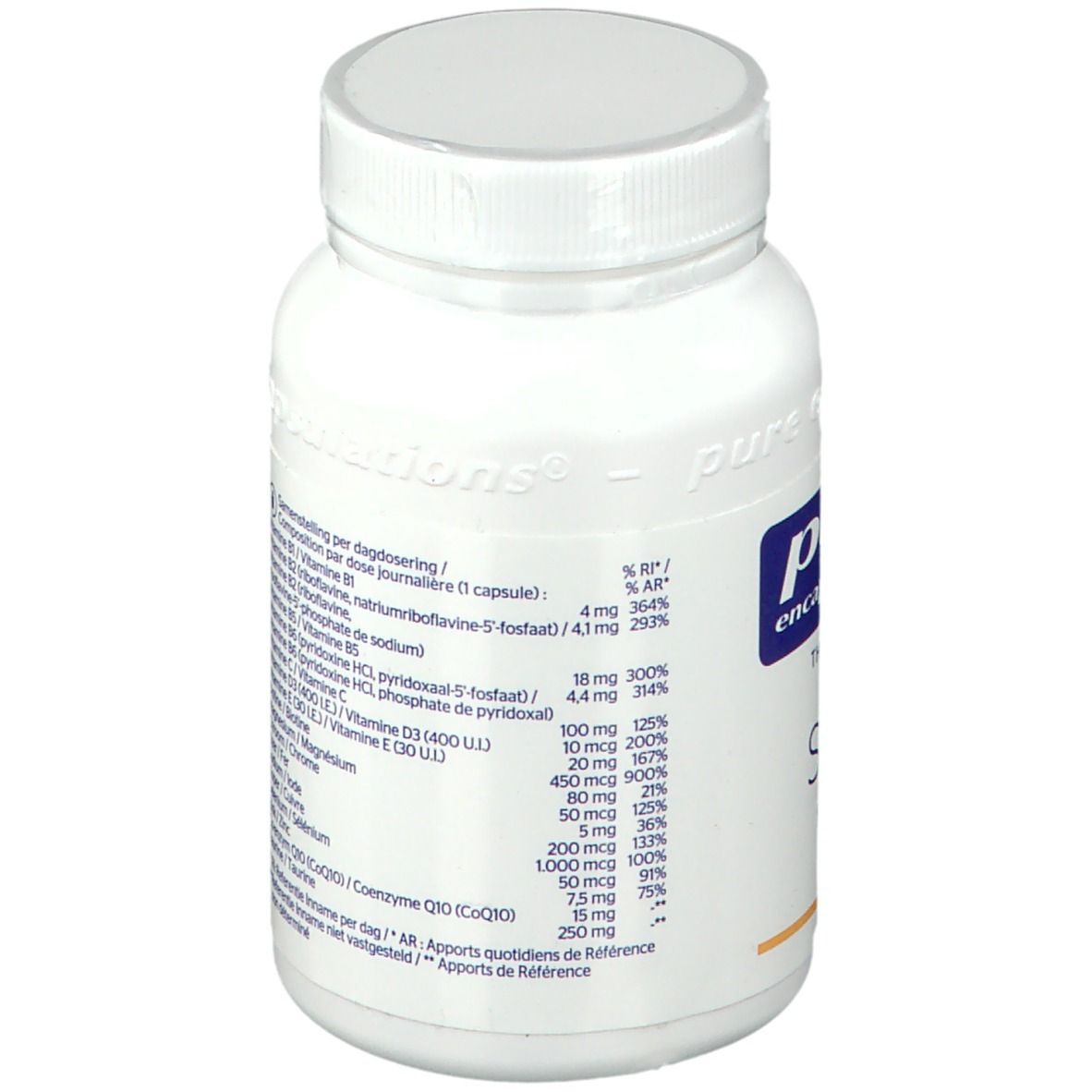 Rückseite der weißen Flasche. Aufschrift: Nährwertangaben, Vitamine, Mineralien. Referenzwerte.