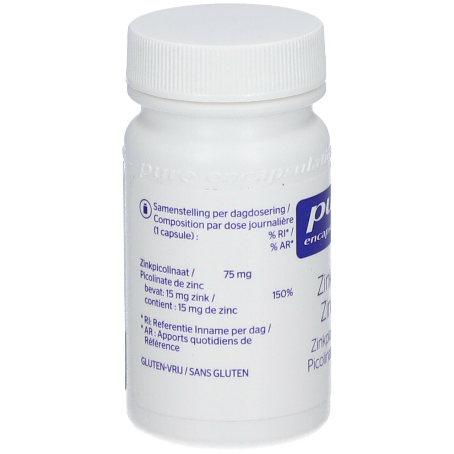 Witte fles. Opschrift: Pure Encapsulations, Zink 15. Bevat zinkpicolinaat. Glutenvrij.