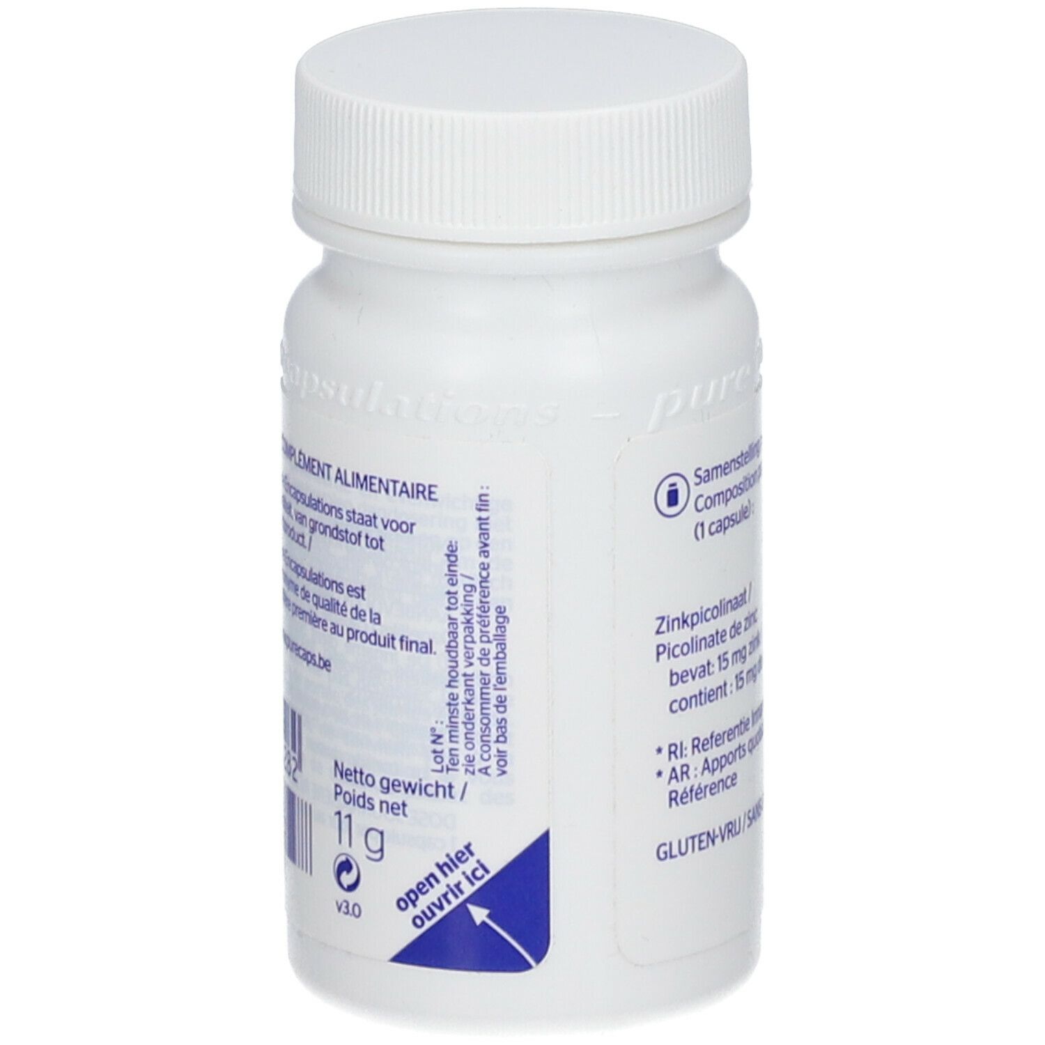 Witte fles. Opschrift: Pure Encapsulations. Nettogewicht 11g. Open hier.