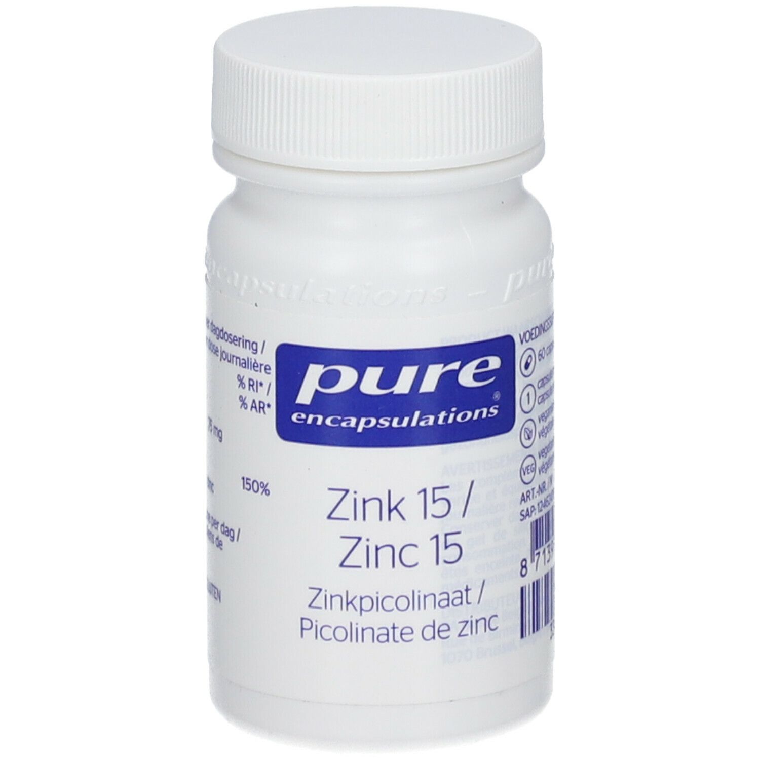 Witte fles met dop. Opschrift: Pure Encapsulations, Zink 15. Bevat zinkpicolinaat.
