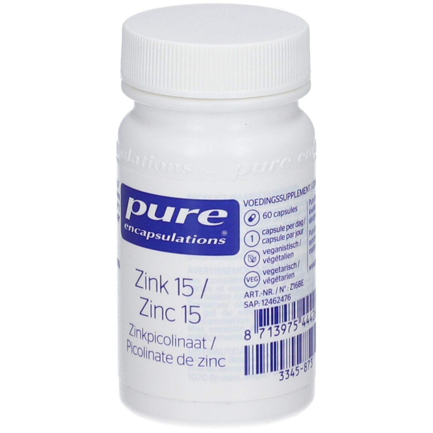 Witte fles met dop. Opschrift: Pure Encapsulations, Zink 15. 60 capsules.