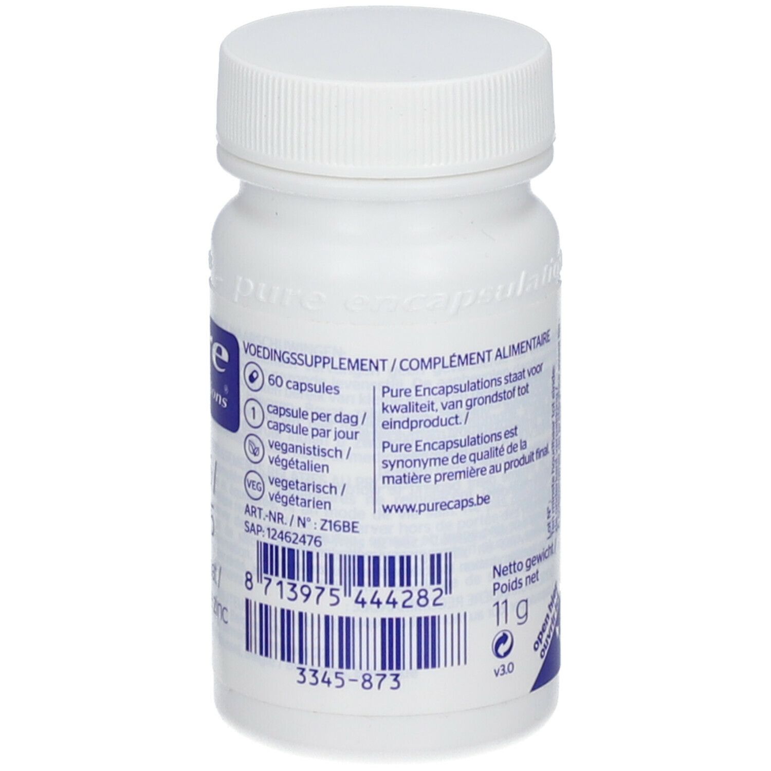 Witte fles met dop. Opschrift: Pure Encapsulations. 60 capsules. Nettogewicht 11g.