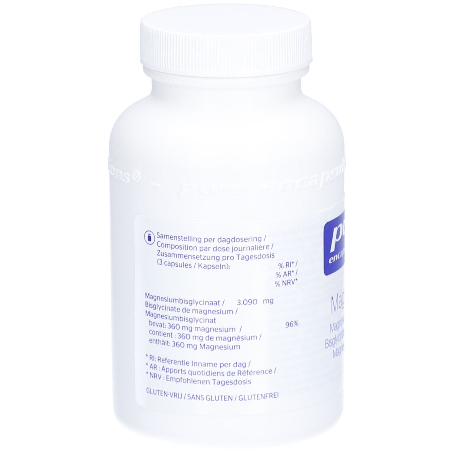 Achterkant van de witte fles. Meertalige informatie over samenstelling en dosering. Bevat 360 mg magnesium.