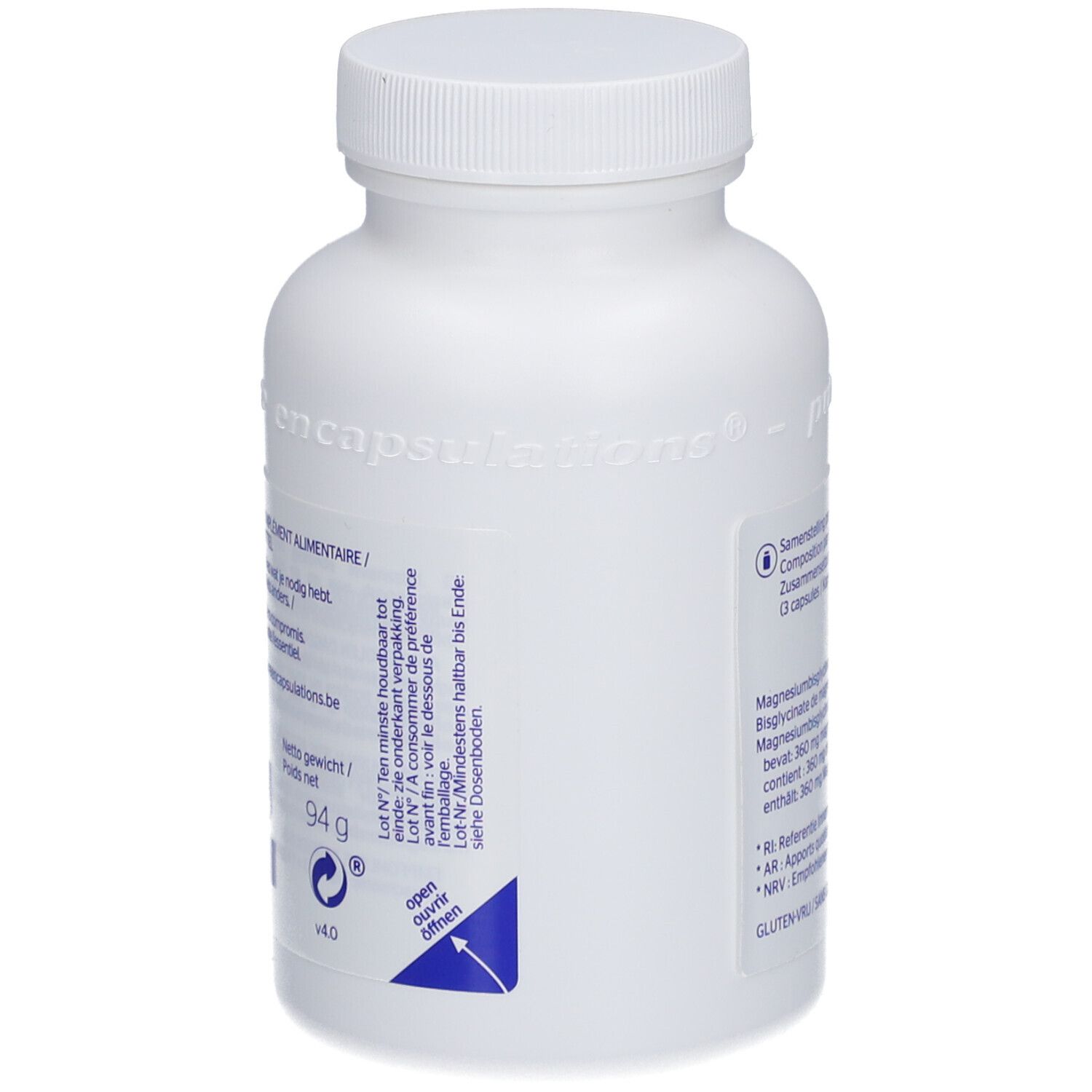 Achterkant van de witte fles. Informatie over inhoud, gewicht 94g. Openingsinstructie met pijl. Glutenvrij.