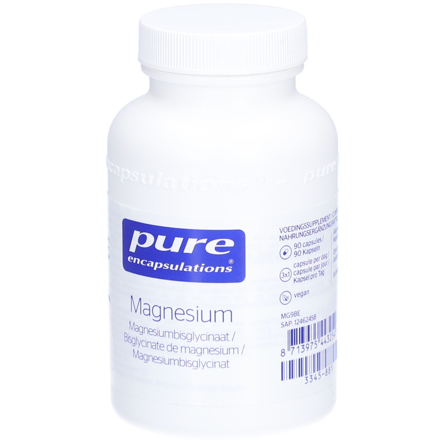 Witte fles met blauw etiket. Opschrift: pure encapsulations® Magnesium. 90 capsules. Veganistisch.