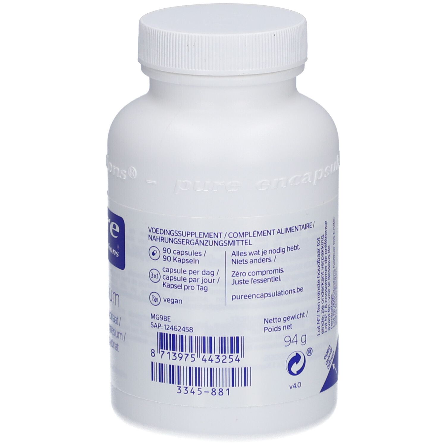 Achterkant van de witte fles. Informatie over 90 capsules. Veganistisch. Nettogewicht 94g. Barcode en contactgegevens.