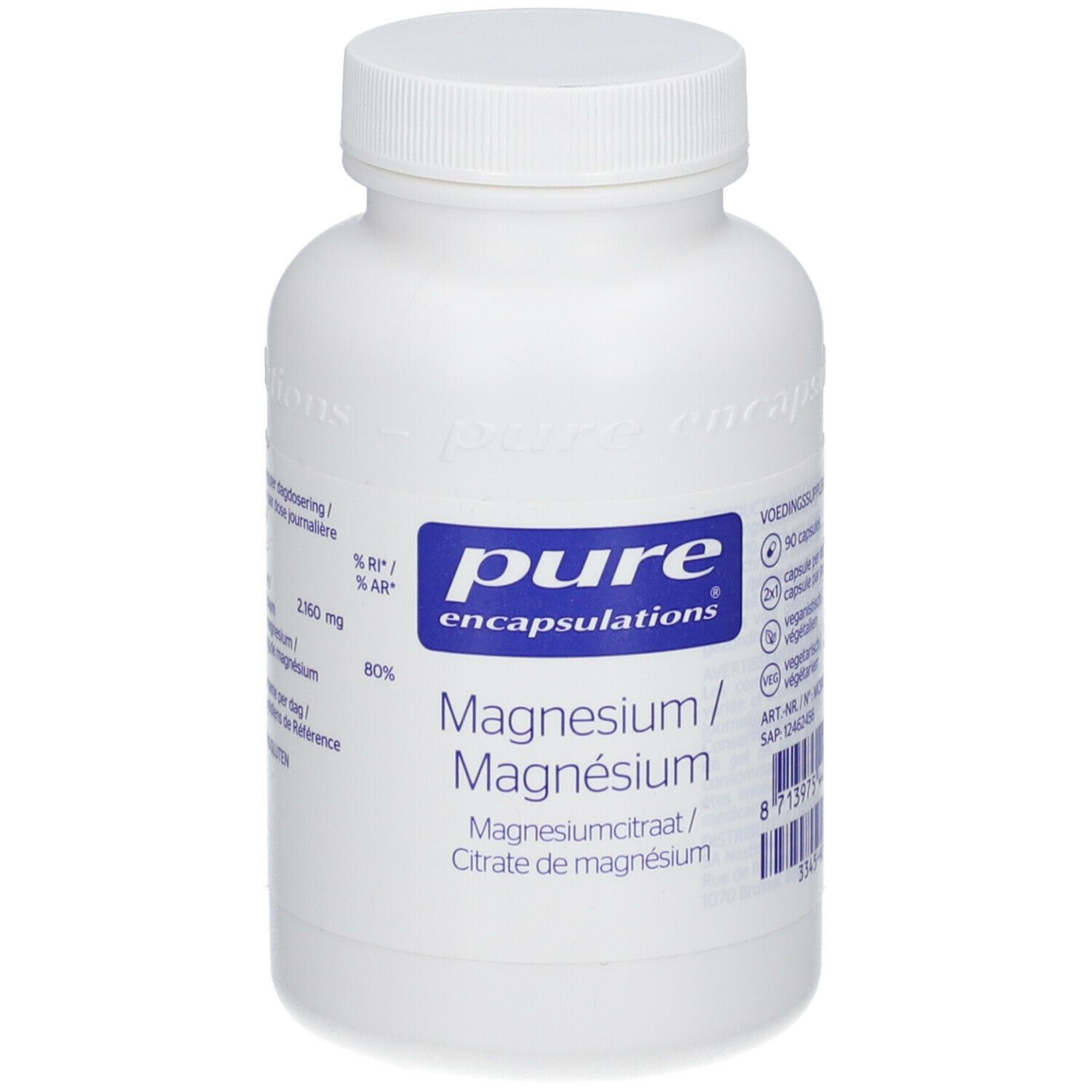 Witte fles met dop. Etiket met "pure encapsulations" en "Magnesium".