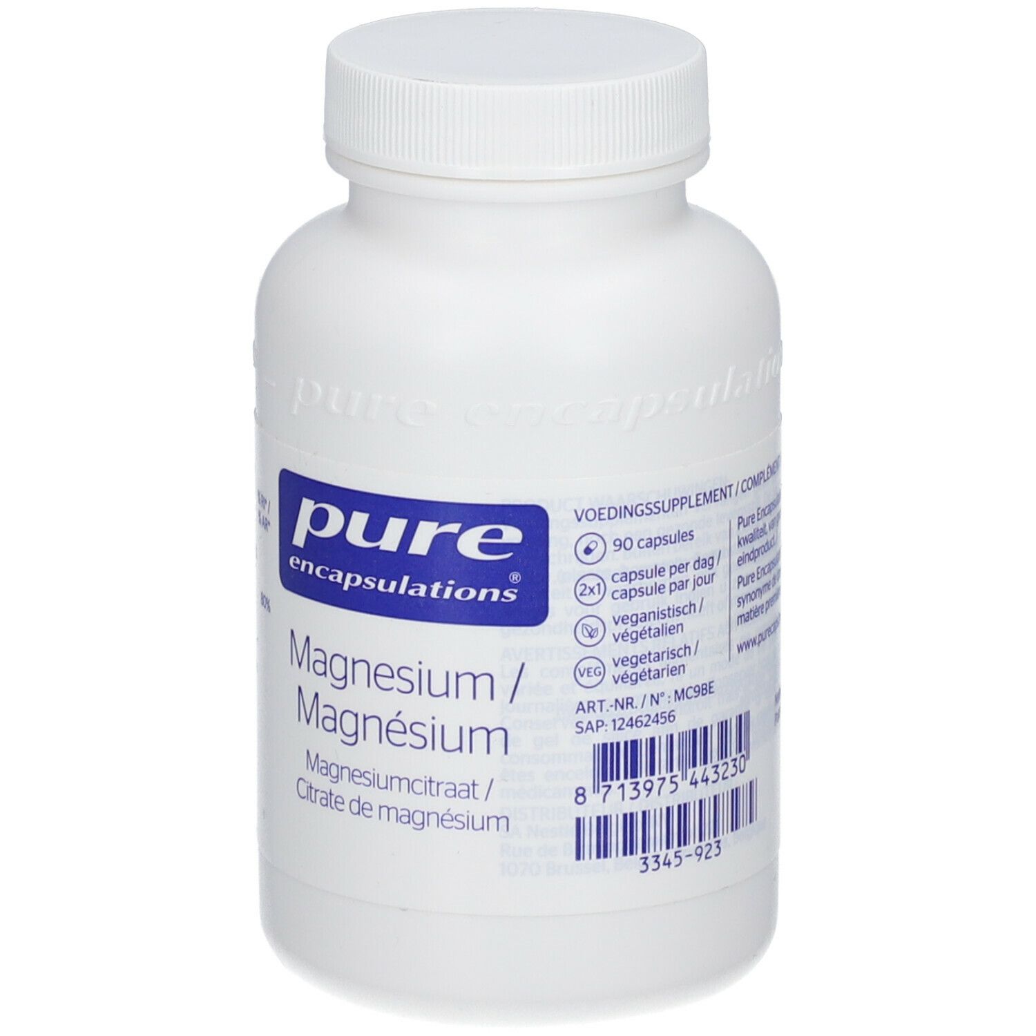 Witte fles met dop. Etiket met "pure encapsulations" en "Magnesium".