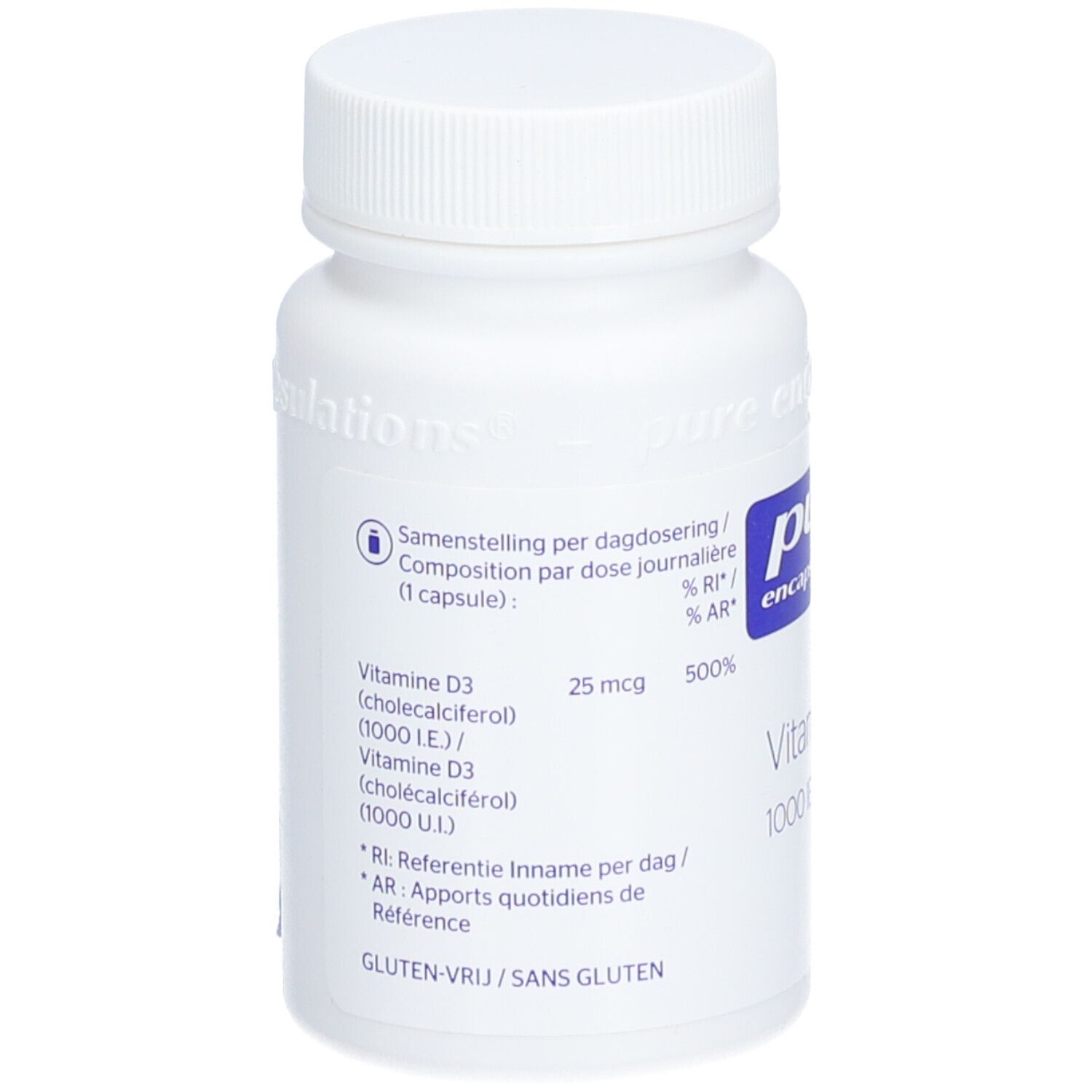 Weiße Flasche mit Schraubverschluss. Aufkleber mit blauem Logo und Text. Enthält Vitamin D3. Glutenfrei. Marke: pure encapsulations.