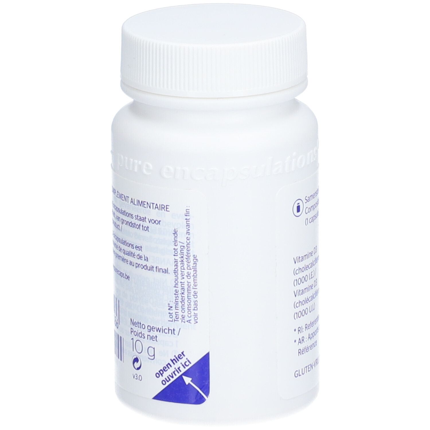 Weiße Flasche mit Schraubverschluss. Aufkleber mit Text und Pfeil: Hier öffnen. Nettogewicht: 10 g. Marke: pure encapsulations.