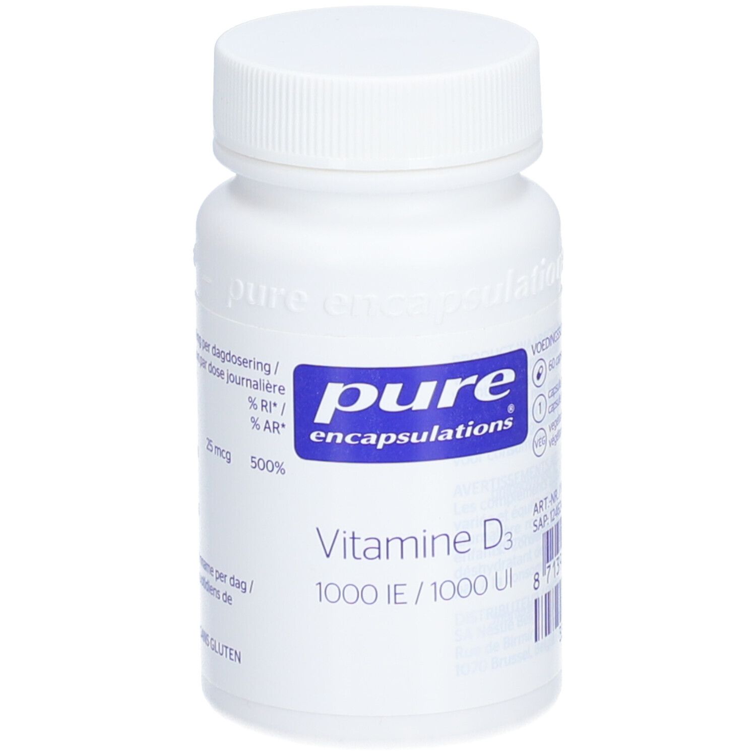Weiße Flasche mit Schraubverschluss. Aufkleber mit blauem Logo und Text: Vitamin D3 1000 IE. Marke: pure encapsulations.