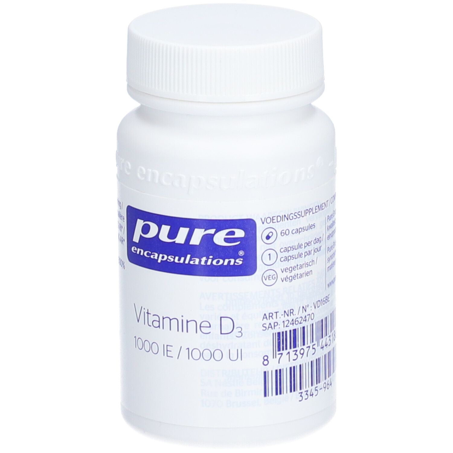 Weiße Flasche mit Schraubverschluss. Aufkleber mit blauem Logo und Text: Vitamin D3 1000 IE. 60 Kapseln. Marke: pure encapsulations.
