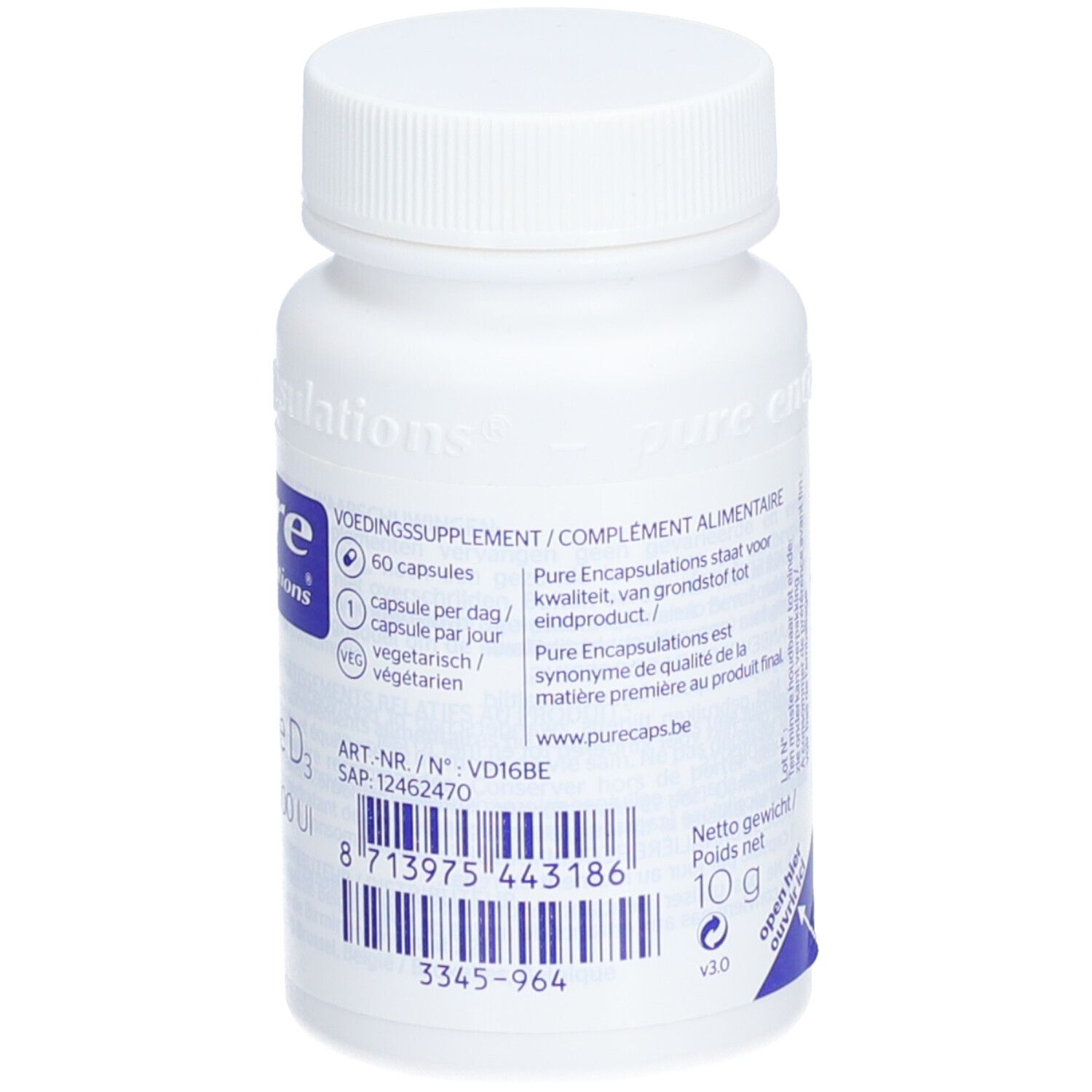 Weiße Flasche mit Schraubverschluss. Aufkleber mit Text und Barcode. Nettogewicht: 10 g. Marke: pure encapsulations.
