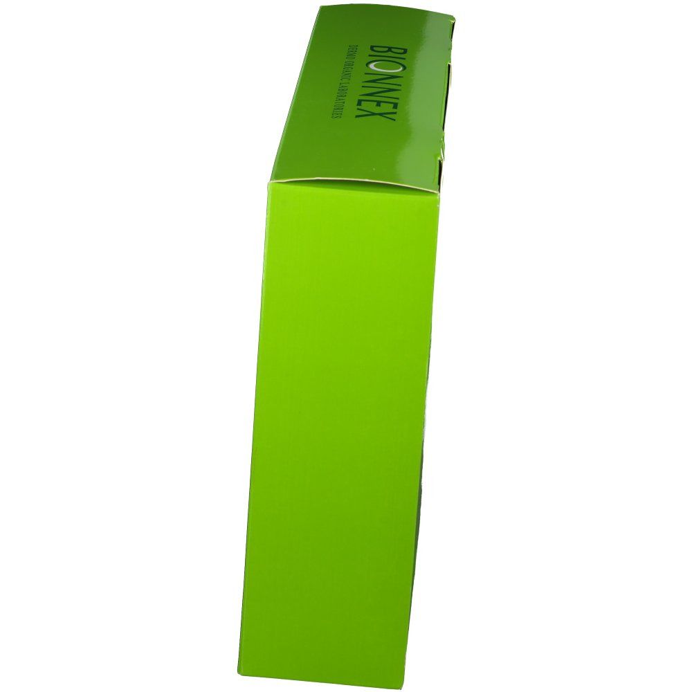 Vue latérale d'un emballage vert. Logo Bionnex en haut. Aucun autre détail visible.