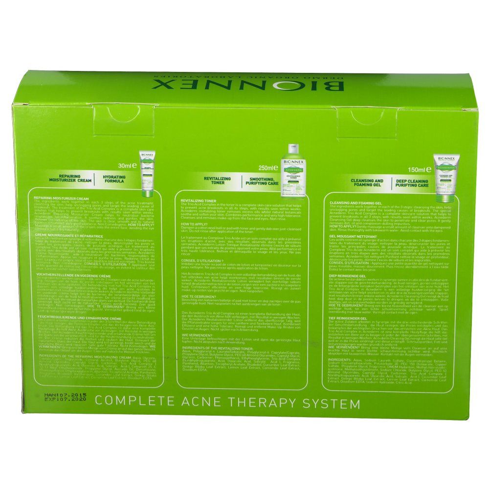 Dos de l'emballage vert. Texte multilingue. Produits: gel nettoyant, tonique, crème hydratante. Acnederm.