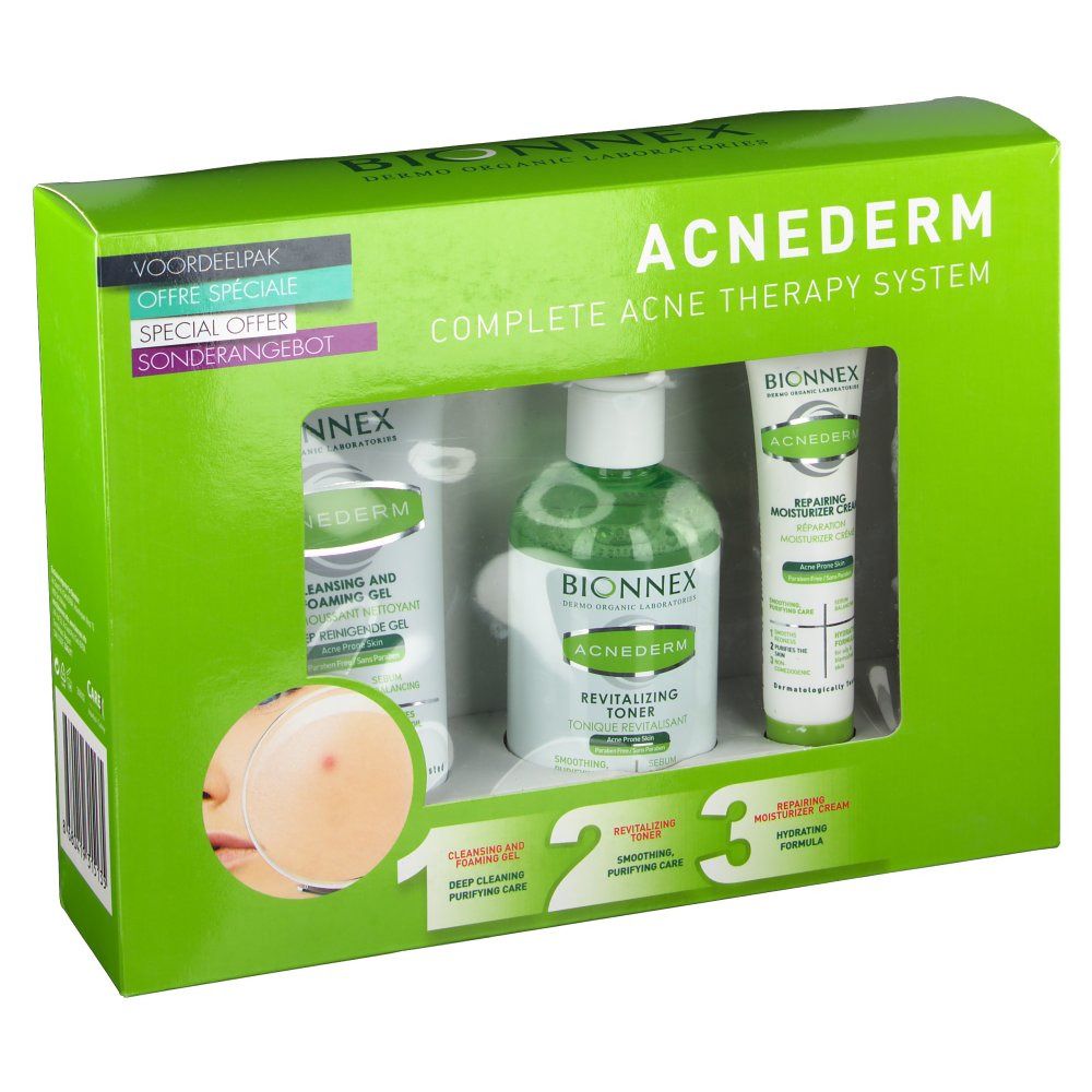Coffret vert Bionnex Acnederm 3 en 1. Fenêtre montrant gel nettoyant, tonique et crème hydratante. Inscription Acnederm.