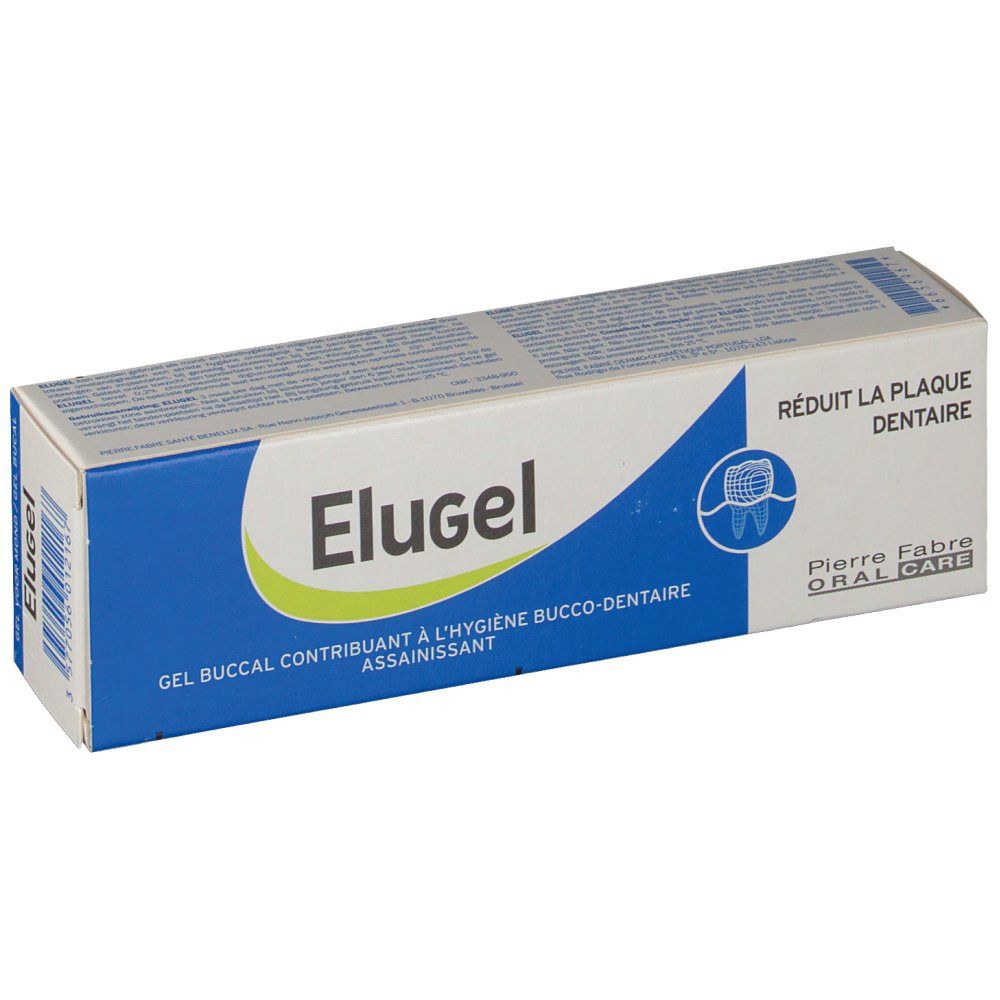 Boîte Elugel. Emballage blanc et bleu avec nom du produit et logo Pierre Fabre. Texte: Réduit la plaque dentaire.