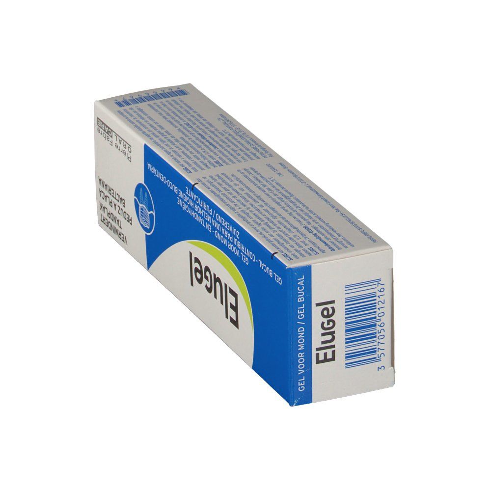 Boîte Elugel. Emballage blanc et bleu avec nom du produit et logo Pierre Fabre. Texte: Réduit la plaque dentaire.