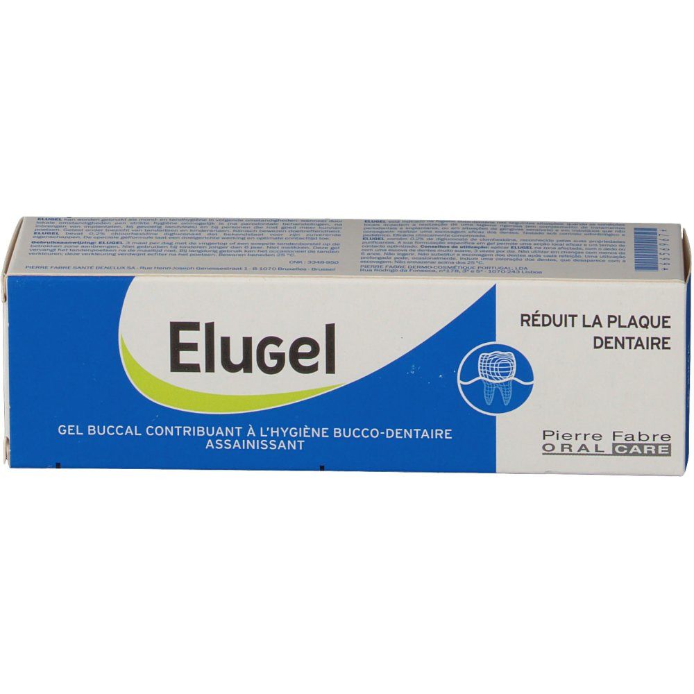 Boîte Elugel. Emballage blanc et bleu avec nom du produit et logo Pierre Fabre. Texte: Réduit la plaque dentaire.