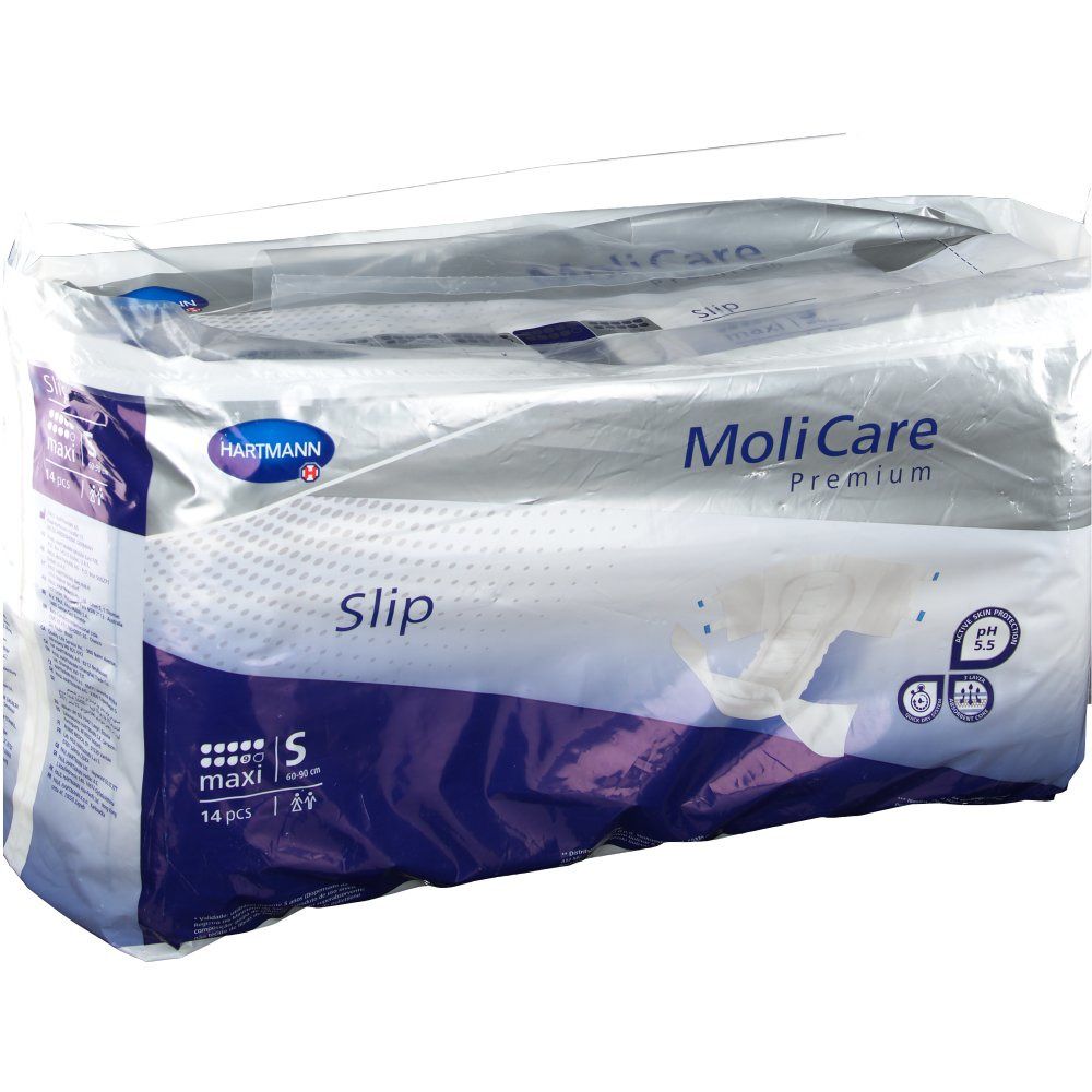 Verpackung MoliCare Premium Slip maxi Gr. S. Blaue und weiße Verpackung mit Produktabbildung und Logo. 14 Stück.