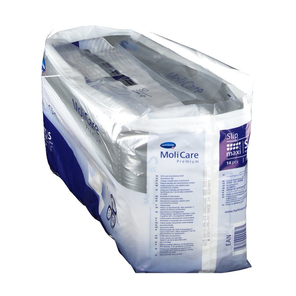 Verpackung MoliCare Premium Slip maxi Gr. S. Ansicht von oben. Blaue und weiße Verpackung mit Produktabbildung und Logo.