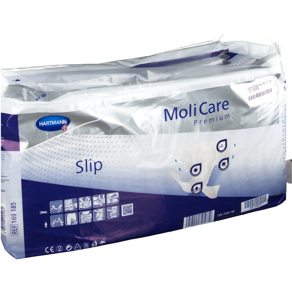Verpackung MoliCare Premium Slip maxi Gr. S. Blaue und weiße Verpackung mit Produktabbildung und Logo. Detailansicht.