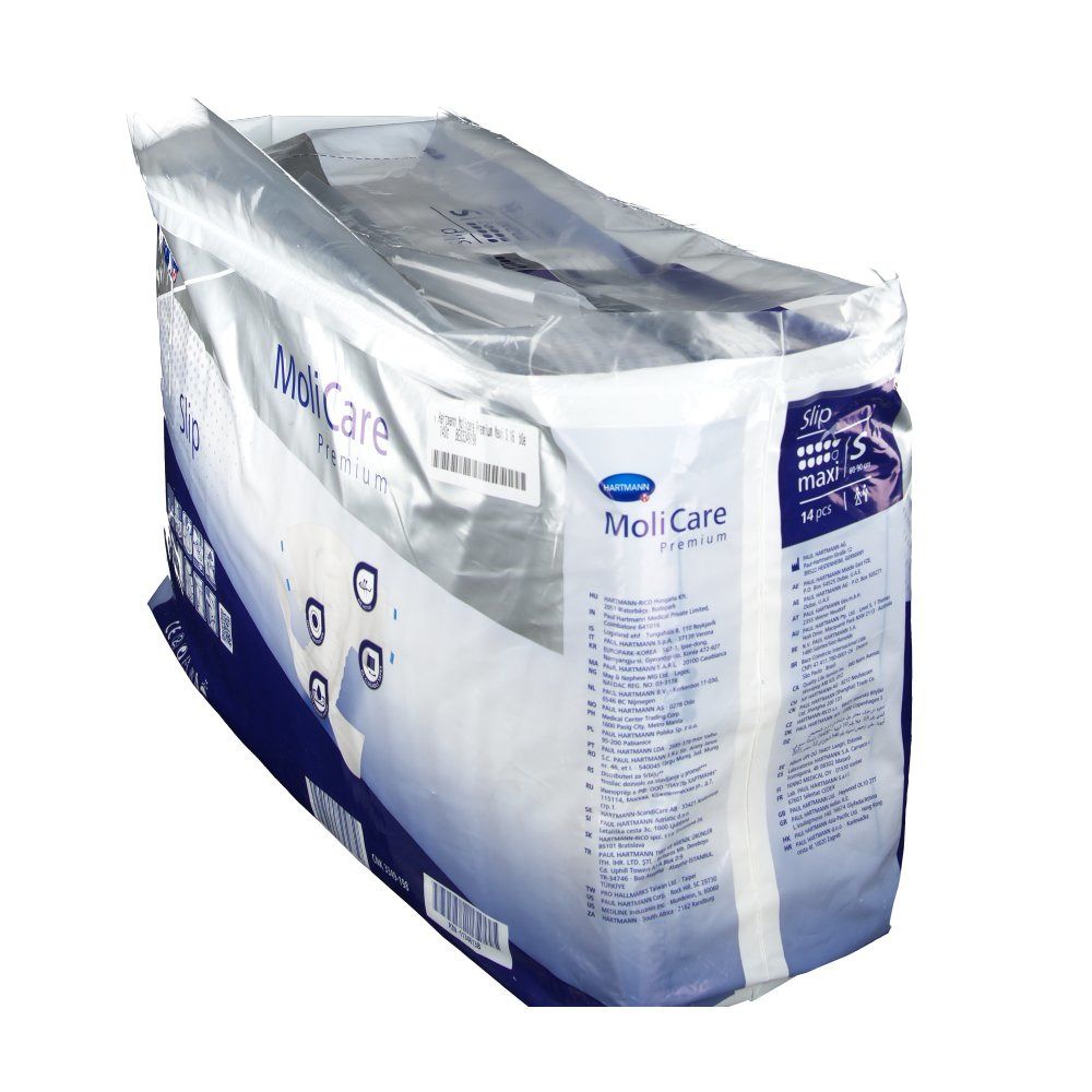 Verpackung MoliCare Premium Slip maxi Gr. S. Blaue und weiße Verpackung mit Produktabbildung und Logo. Detailansicht.