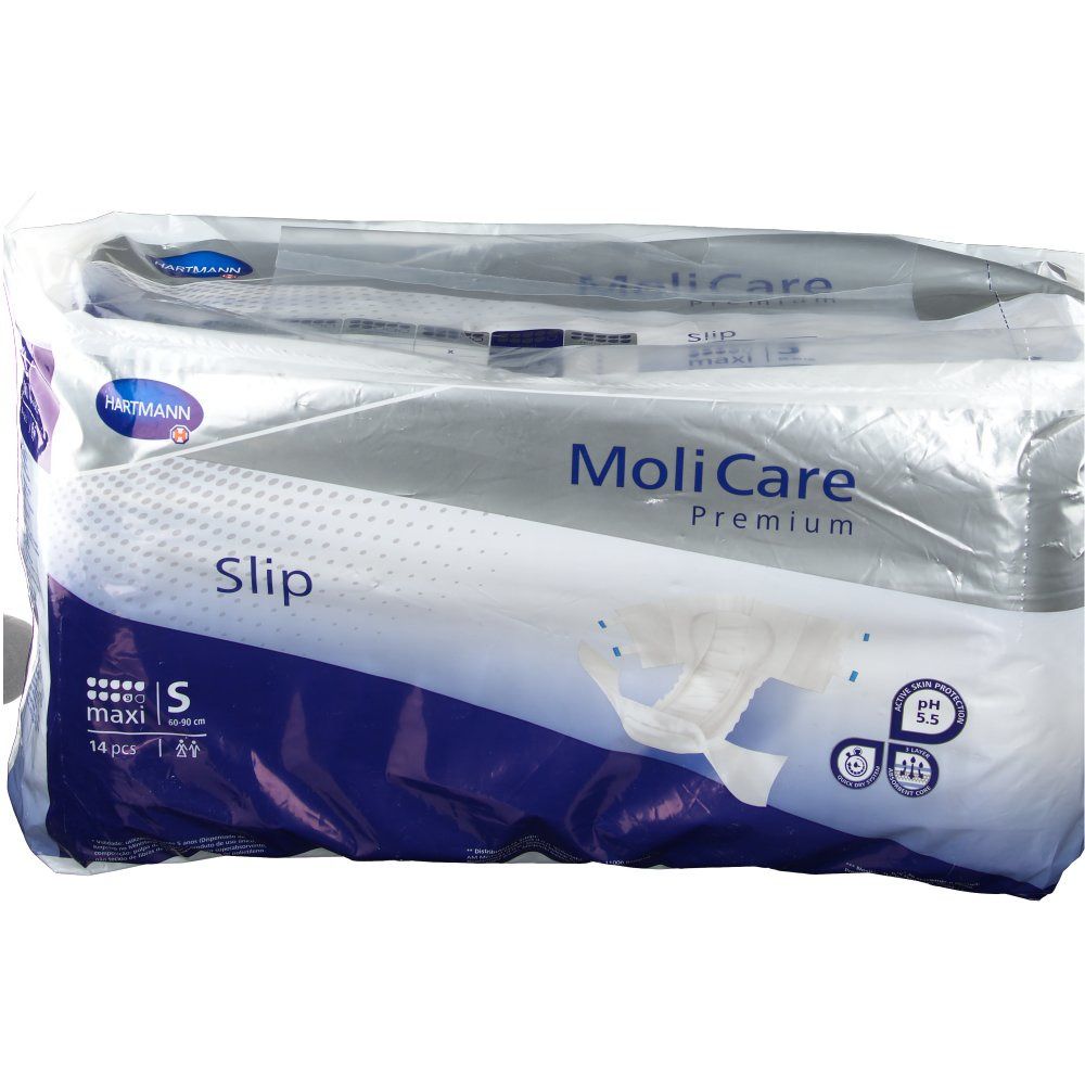 Verpackung MoliCare Premium Slip maxi Gr. S. Blaue und weiße Verpackung mit Produktabbildung und Logo. 14 Stück.