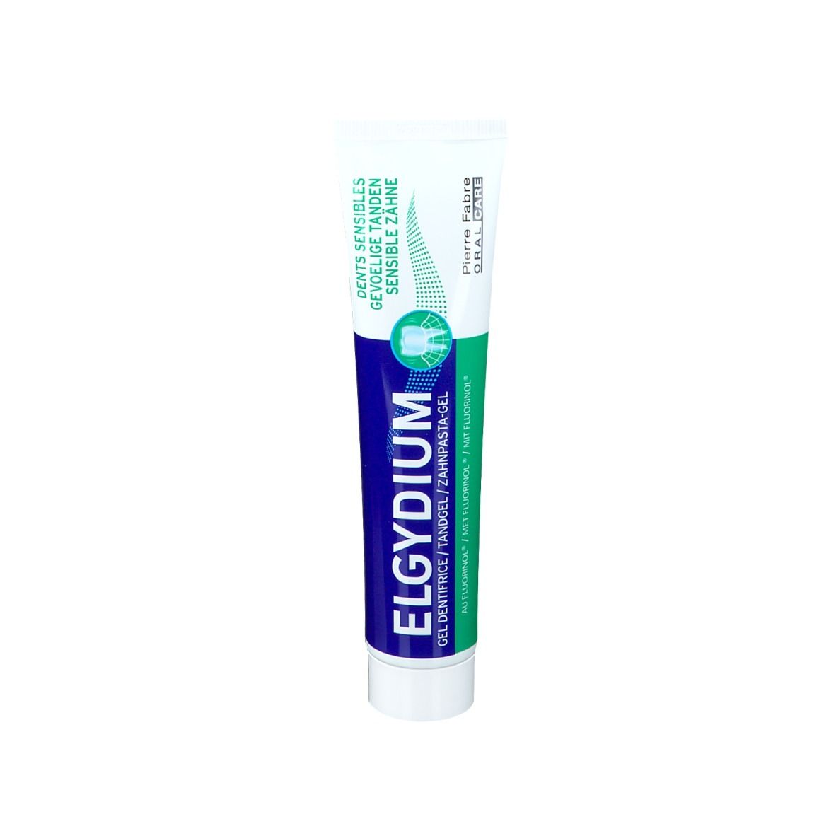 Tube de gel dentifrice bleu et blanc, accent vert. Inscription : ELGYDIUM, Dents sensibles. Pierre Fabre Oral Care.