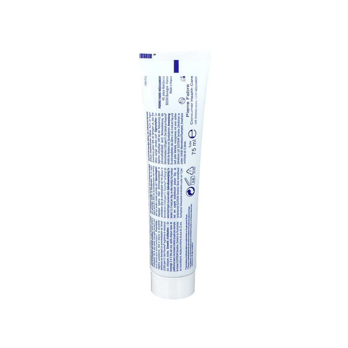 Dos d'un tube de dentifrice. Texte bleu sur fond blanc. Informations fabricant et symboles.