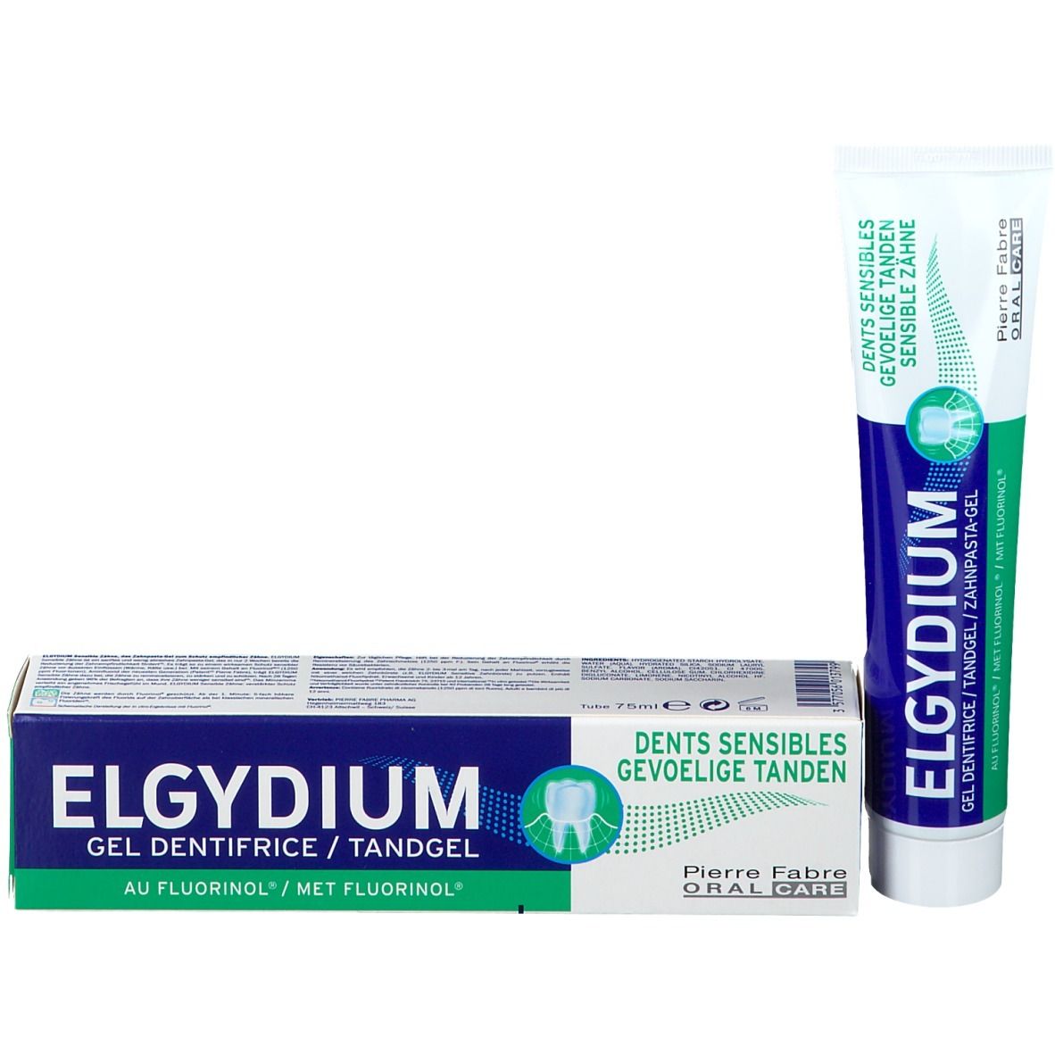 Tube de dentifrice et boîte. Tube : ELGYDIUM, Dents sensibles. Boîte : ELGYDIUM, Dents sensibles, vert-bleu.