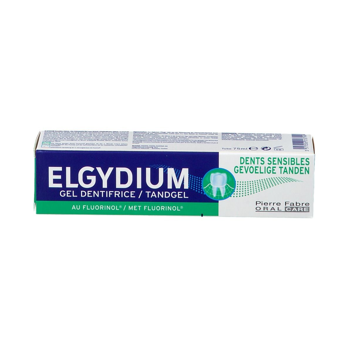Boîte de dentifrice, blanc-bleu-vert. Inscription : ELGYDIUM, Dents sensibles. Pierre Fabre Oral Care.