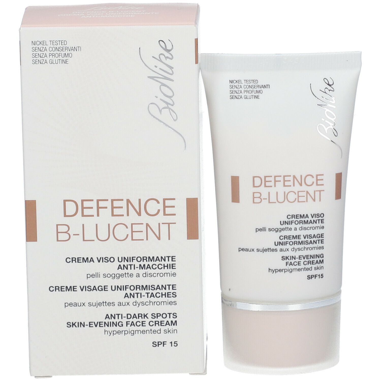 Productverpakking met crèmetube. Doos en tube met productnaam en SPF 15. Merk Bionike.