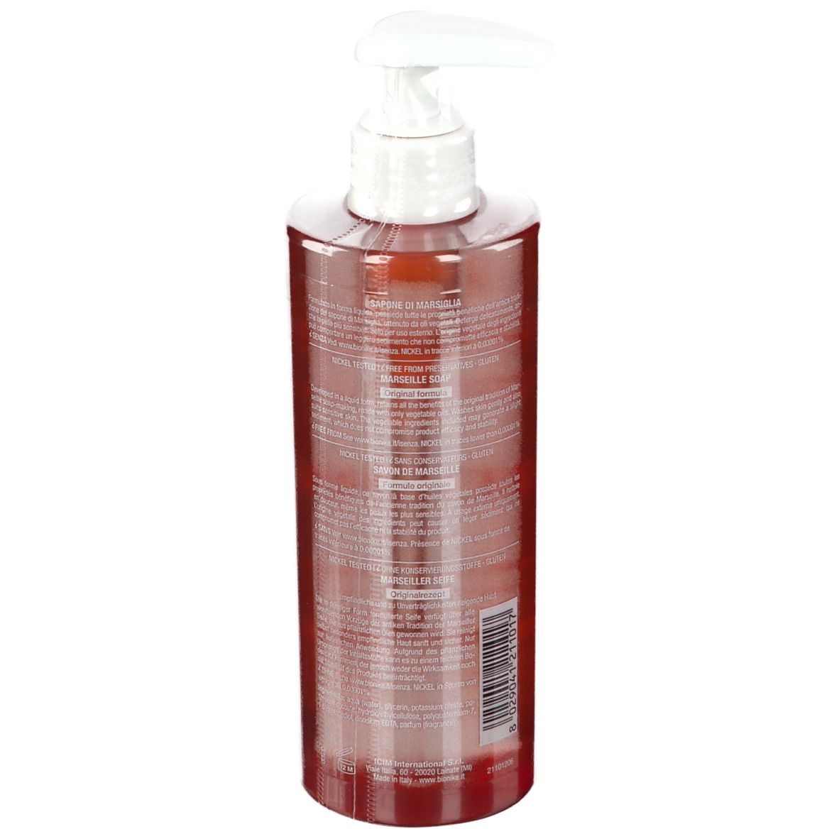 Flacon rouge transparent avec pompe blanche. Vue arrière avec texte et code-barres.
