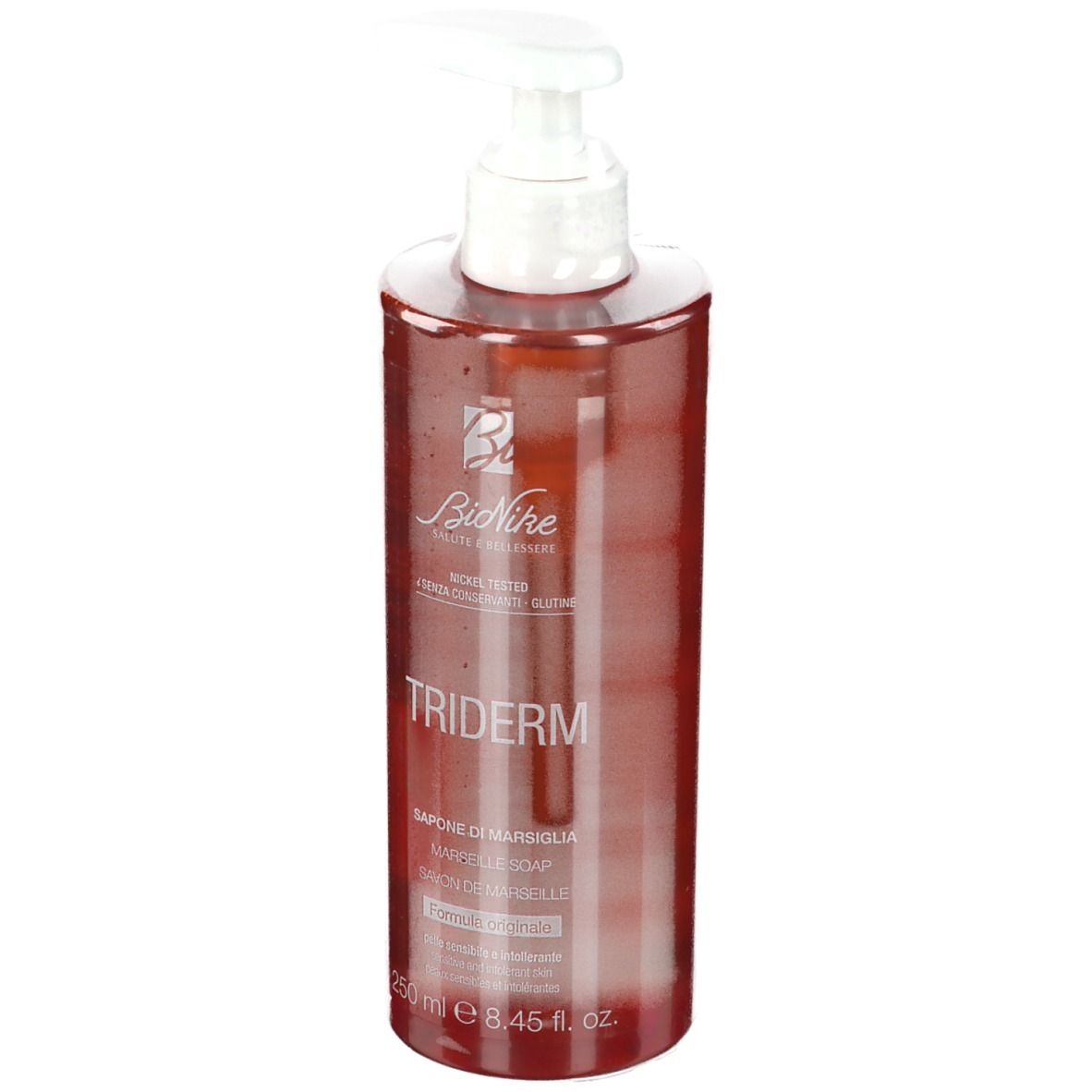 Flacon rond rouge avec pompe blanche. Inscriptions TRIDERM et BioNike. 250 ml.