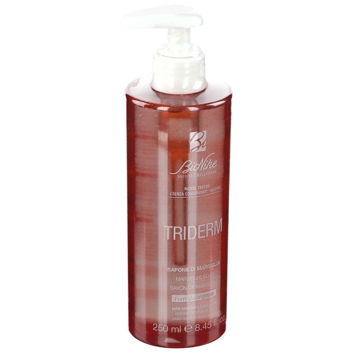 Flacon rond rouge avec pompe blanche. Inscriptions TRIDERM et BioNike. 250 ml.
