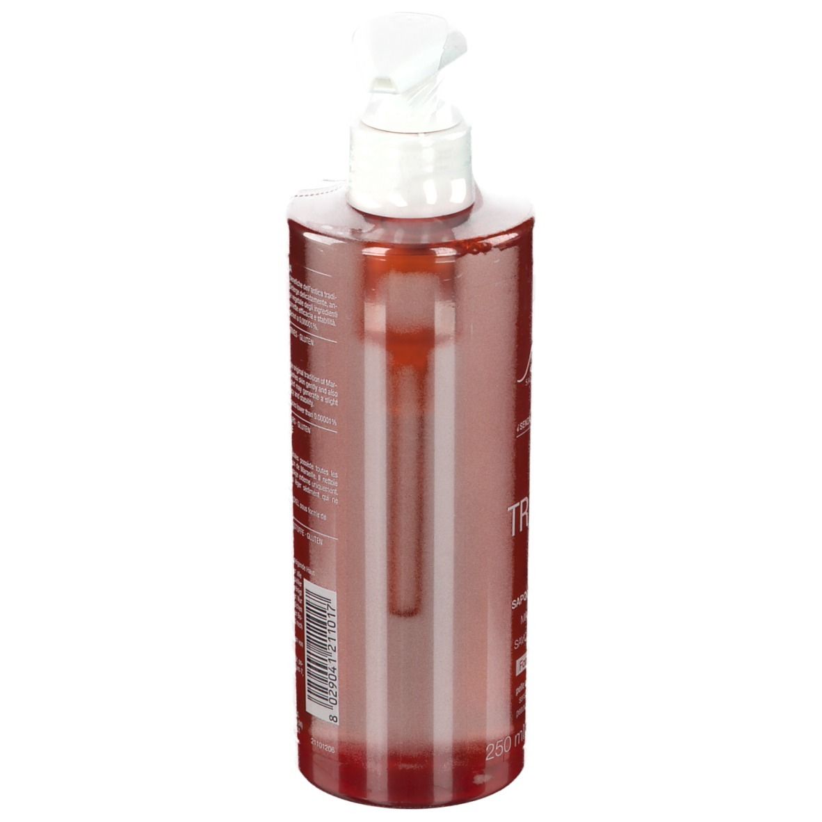 Flacon rouge transparent avec pompe blanche. Vue arrière avec texte.