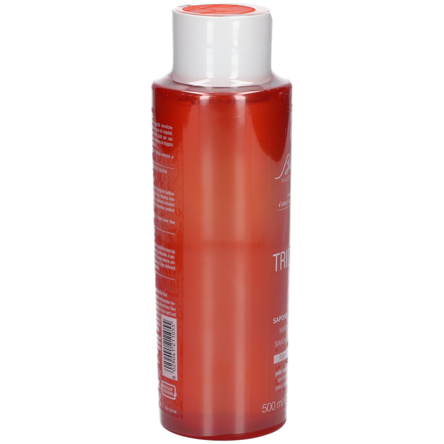 Flacon rouge avec bouchon blanc. Dos avec texte. Marque: BioNike.