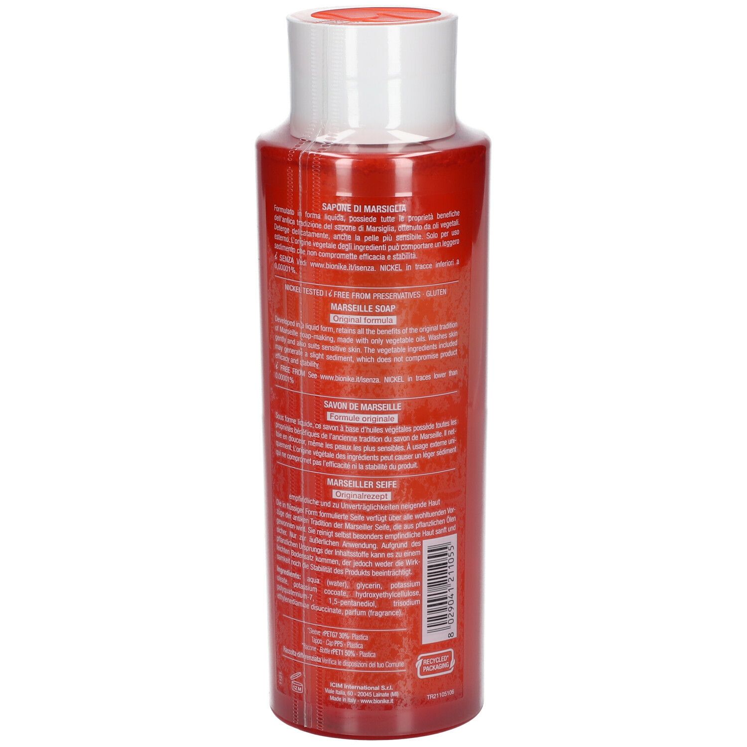 Flacon rouge avec bouchon blanc. Dos avec texte. Marque: BioNike.