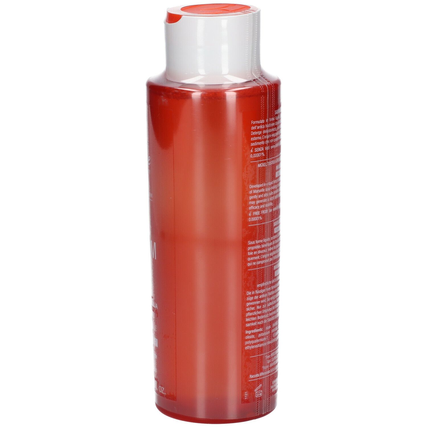 Flacon rouge avec bouchon blanc. Dos avec texte. Marque: BioNike.