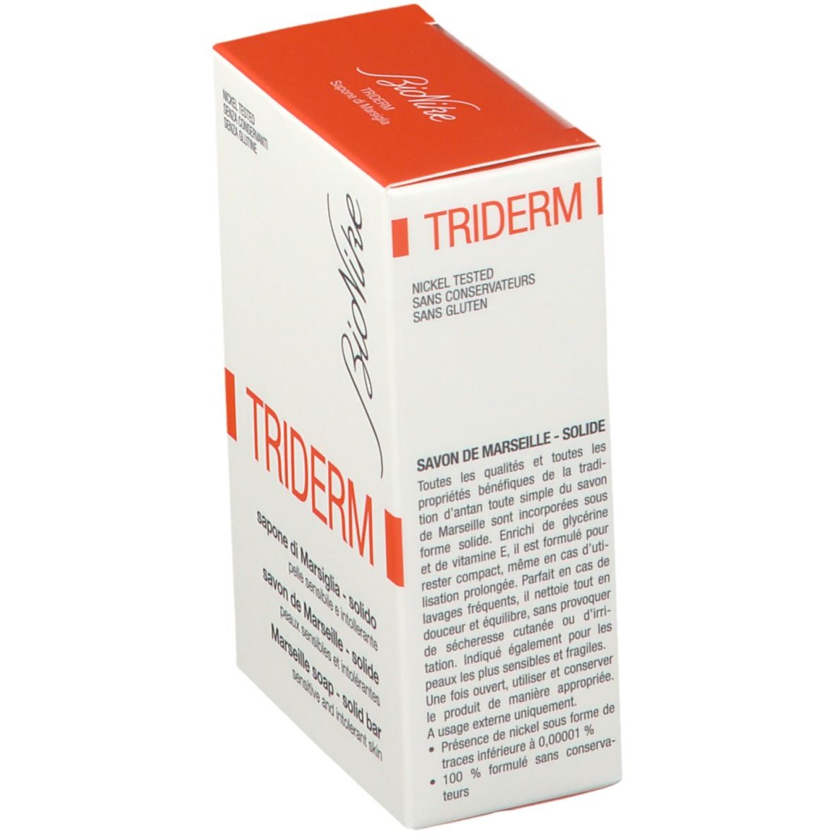 BioNike TRIDERM Seife in weiß-roter Verpackung. Aufschrift TRIDERM und BioNike. Nickel getestet, ohne Konservierungsstoffe, ohne Gluten.
