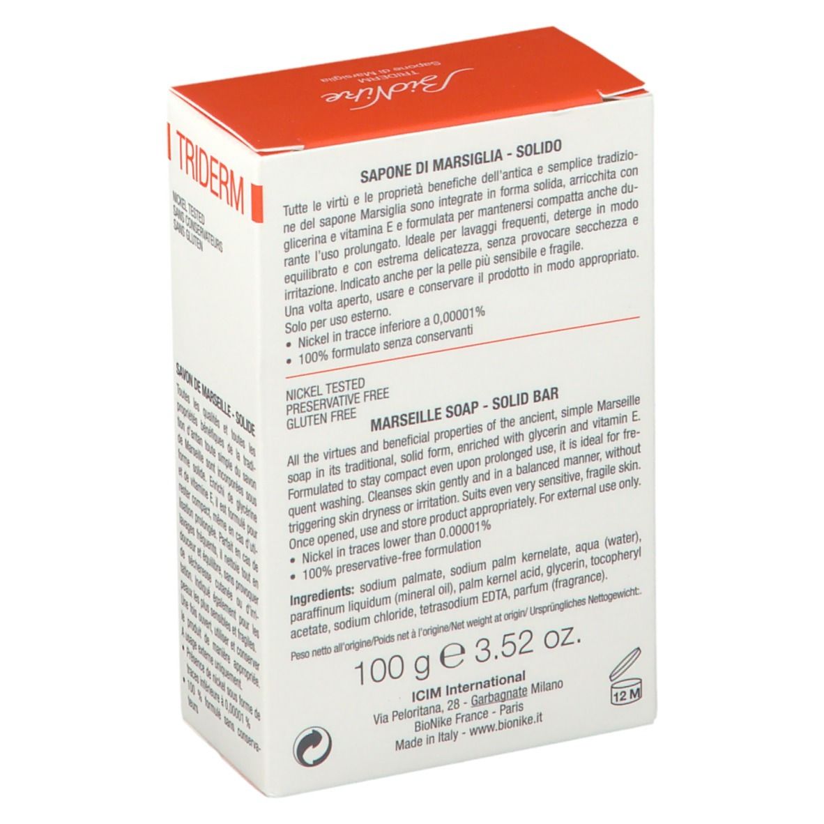 Rückseite der BioNike TRIDERM Seifenverpackung. Text in mehreren Sprachen. 100g, 3.52 oz. Nickel in Spuren, 100% konservierungsmittelfrei.